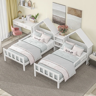 Double Twin Size Platform Bed with House Headboard & Built-in Nightstand, White