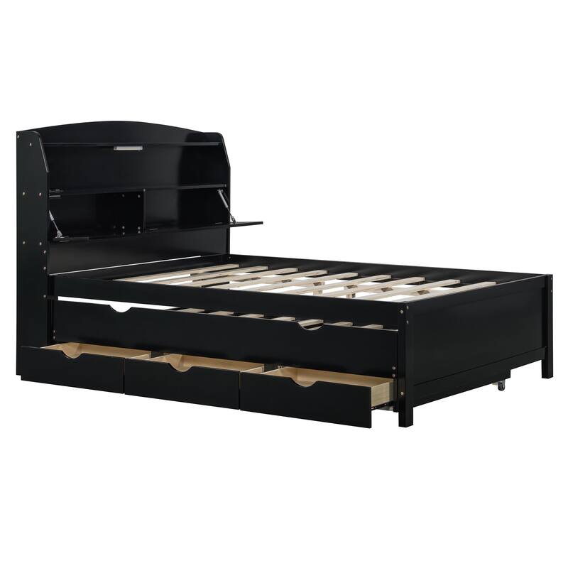 Full Size Wooden LED Platform Bed with Trundle, Storage Headboard Modern Floor Standing Bed Frame with Drawers