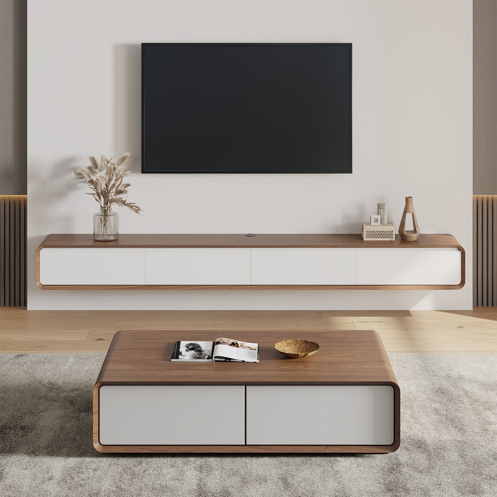 Floating Modern TV Stand for Living Room, Wall-Mounted Entertainment Center with Storage Drawers, Solid Wood, Fully-Assembled