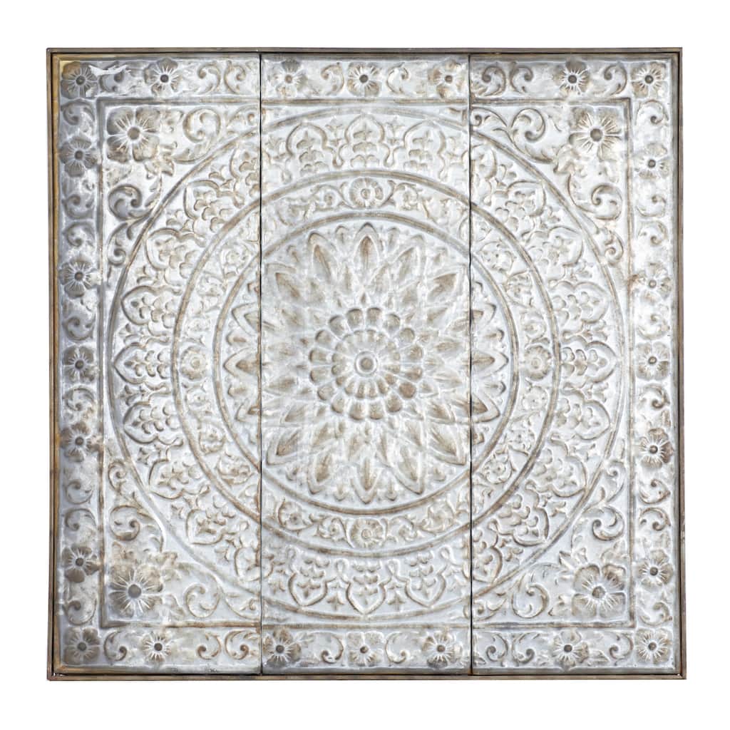 Metal Floral Embossed Home Wall Decor with Gray Backing - Grey or Silver - Roche River Decor