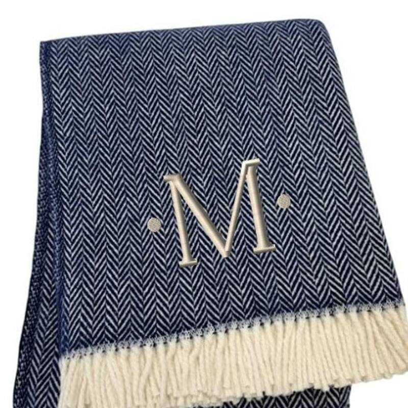 HomeRoots 55" X 70" Navy Blue And White Herringbone Cotton Blend M Initial Throw Blanket with Tassels And Embroidery