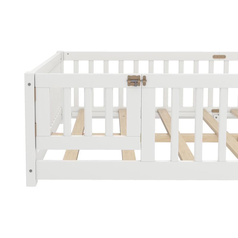 Queen Size Bed Floor Bed with Safety Guardrails and Door for Kids