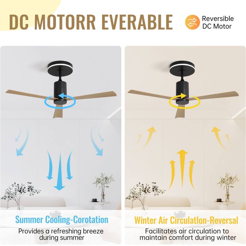 52 Inch Modern Flush Mount Ceiling Fan with led light and Remote Control,3 ABS Blades Noiseless Reversible DC Motor