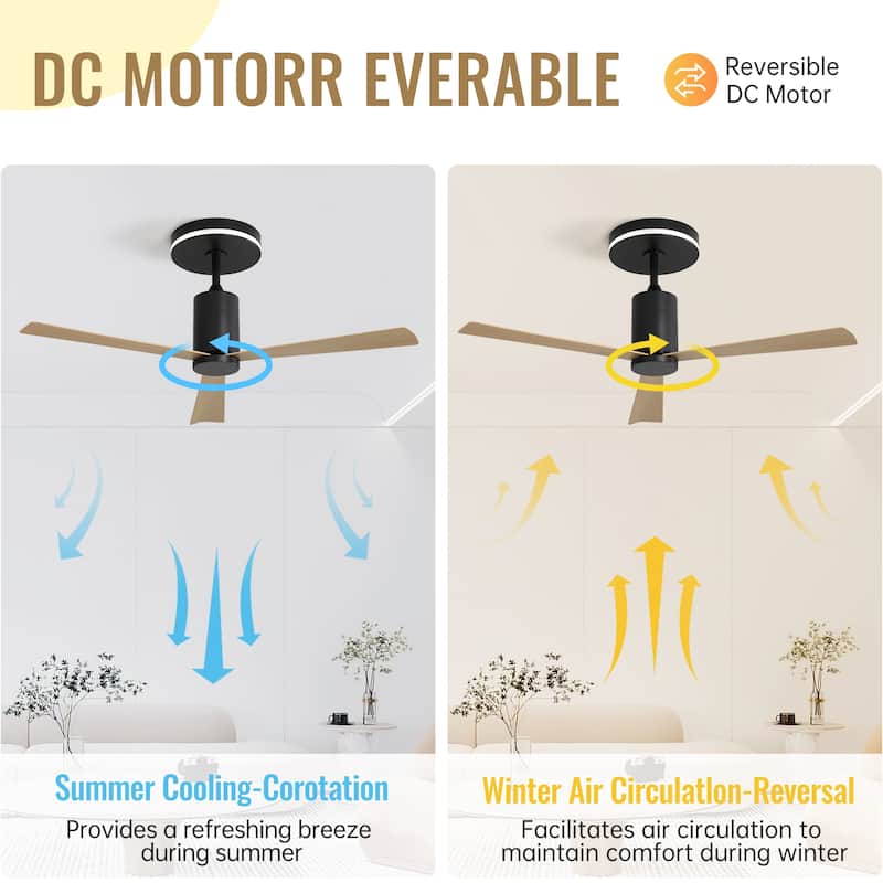 52 Inch Modern Flush Mount Ceiling Fan with led light and Remote Control - Black