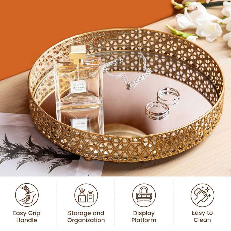 Glitzhome Set of 2 Round Metal Gold Mirrored Decorative Trays -13"/15"L