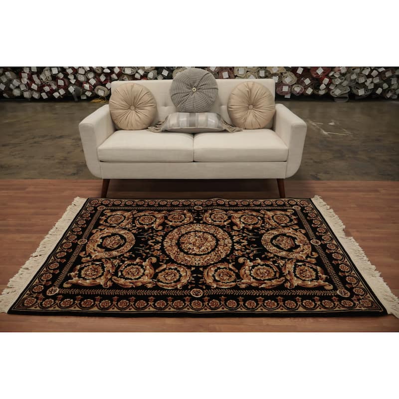 Hand Knotted Oriental 100% Wool Carpet Traditional Floral Black Aubusson Area Rug - 6' 0'' X 4' 1''