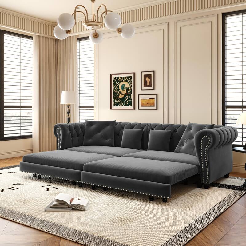 3-in-1 Convertible Pull-Out Sofa Bed w/ Movable Ottoman & 4 Pillows, Velvet Upholstered Rolled Arms Sleeper Couch for Apartment