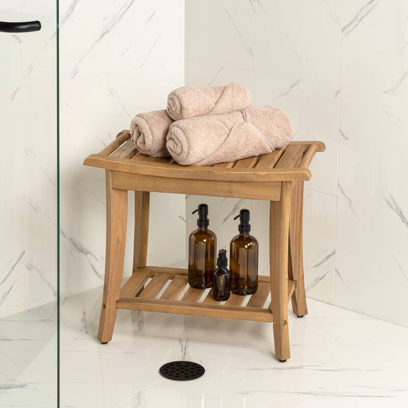 Tucker 22.1" Slatted Acacia Wood Indoor/Outdoor Shower Bench w/ Shelf & Handle, By JONATHAN Y - 22.1L x 12.99W x 18.5H