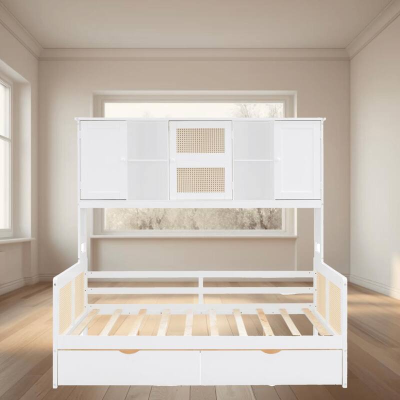 Full Size Wooden Daybed with 2 Drawers and All-in-One Cabinet and Shelf for Practical Bedroom Storage, Platform Bed Frame - White - Full