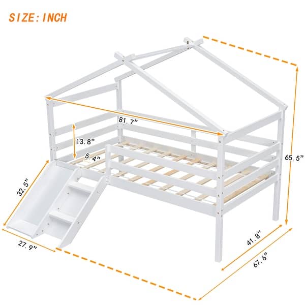dimension image slide 1 of 2, Twin Size Low Loft Bed for Kids, House-Shaped Loft Bed Frame w/ Slide & Ladder Junior Loft Bed for Girls Boys-Safety Guardrails