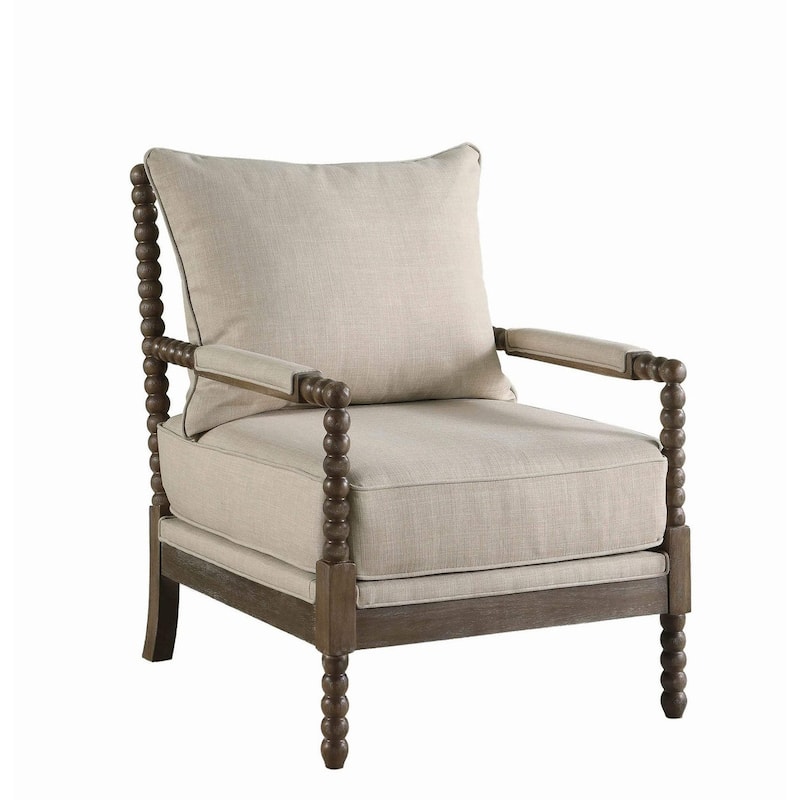 Cushioned Back Fabric Upholstered Spindle Accent Chair, Beige and Brown - N/A