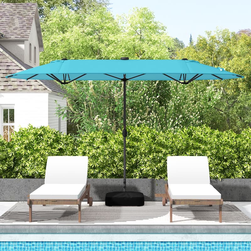 Large 13 Feet Double-Sided Outdoor Patio Umbrella with LED Lights and UV Protection Included Weighted Base