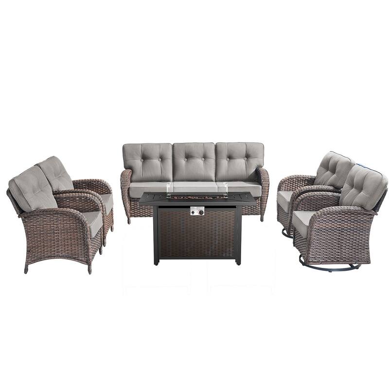 Pocassy Outdoor 43 In Fire Table with Sofa Patio Swivel Chair Set