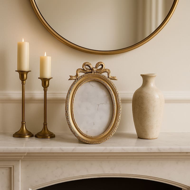 Gold 4x6 in. Polyresin Oval Coquette Photo Frame with Bow