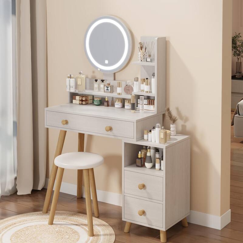 Makeup Vanity Table, 4 Drawers, with 3 colors LED Mirror