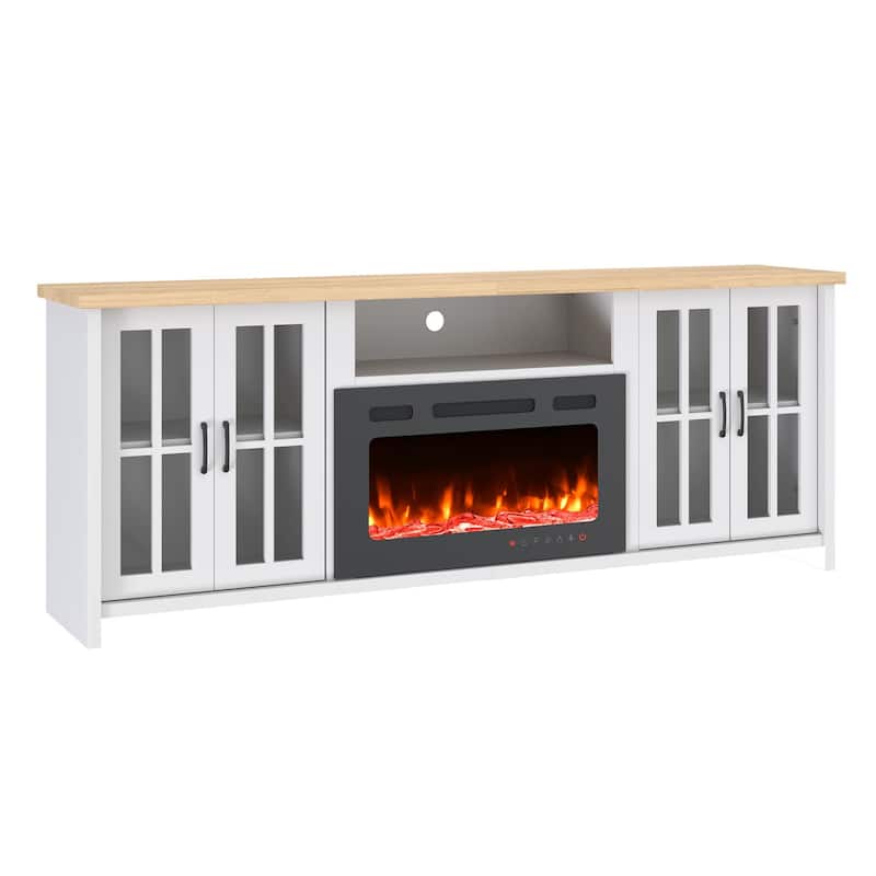 EROMMY 78"/ 97" Fireplace TV Stand with Electric Fireplace, Farmhouse Media Console with LED Lights, Glass Doors