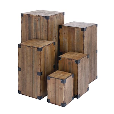 Wood Pillar Style Pedestal Table with Metal Corner Brackets - Set of 5 Brown - Roche River Decor - 16"W x 16"L x 36"H