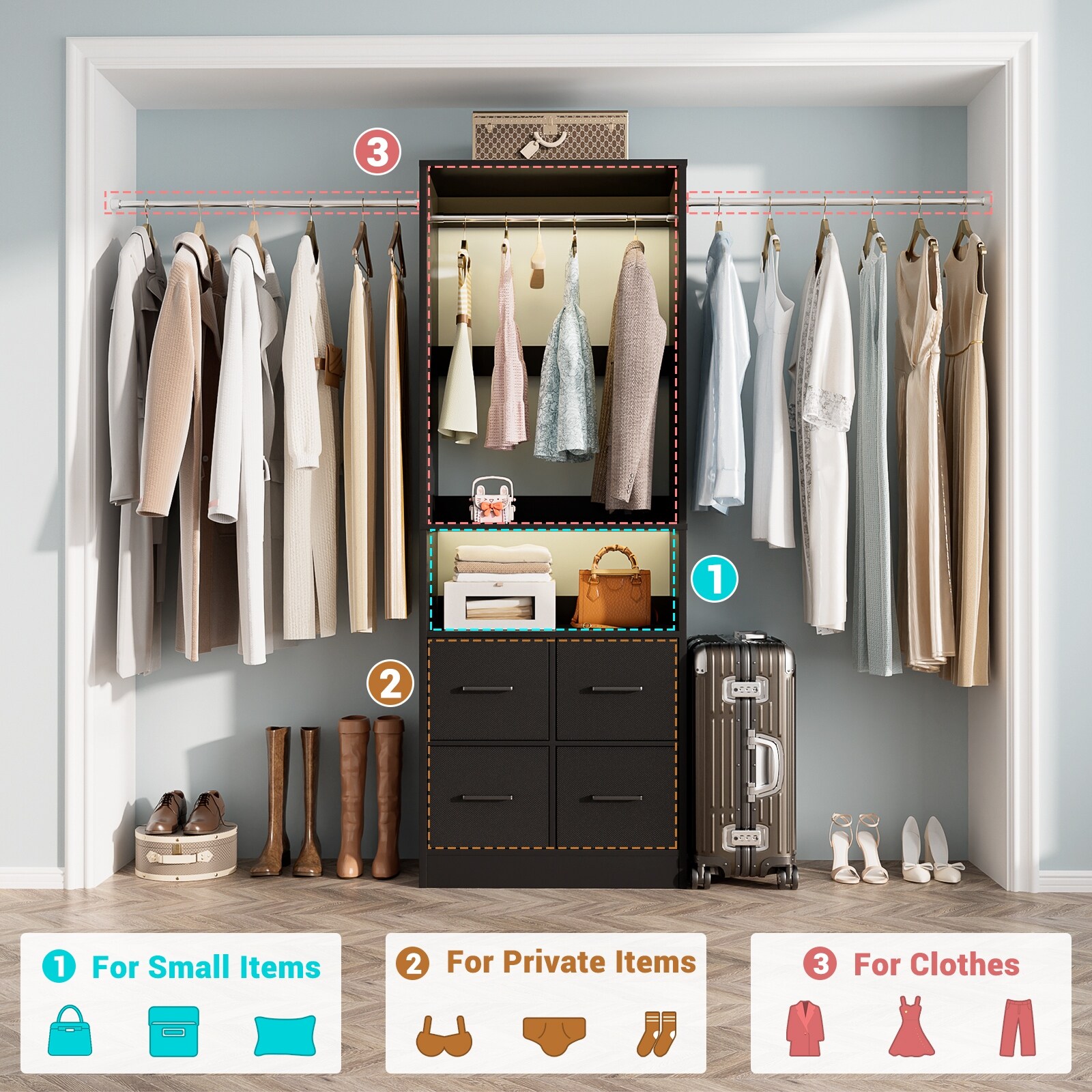 Rackcog 103'' Closet Organizer with 4 Cubes, Closet System with