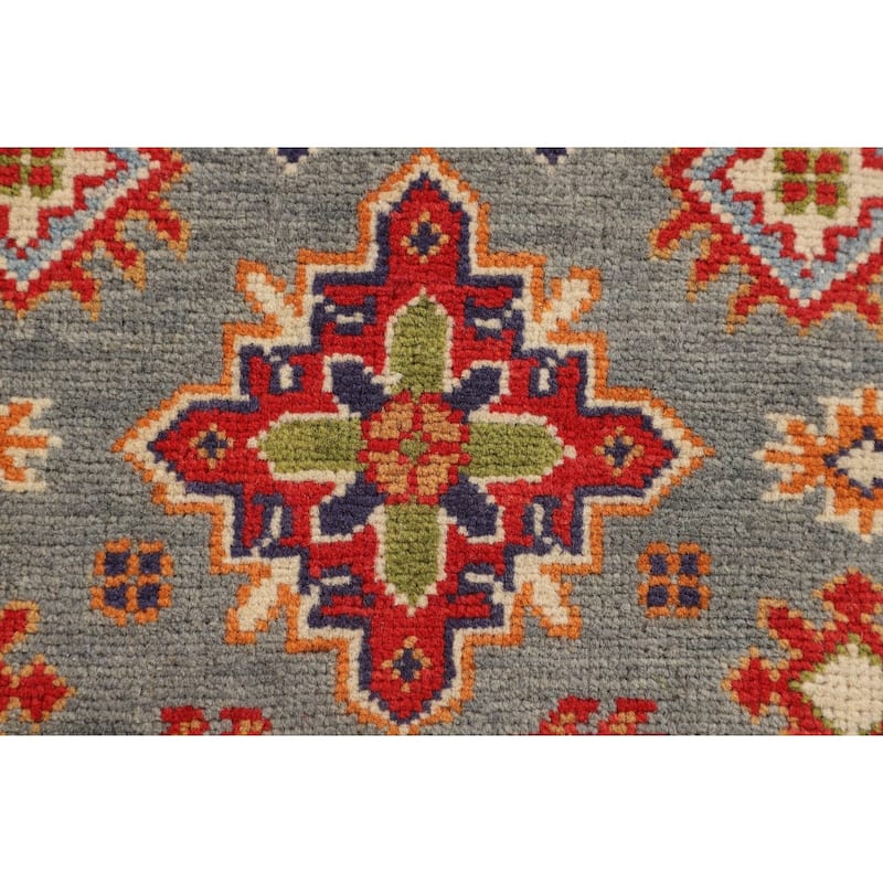 Geometric Kazak Accent Rug Hand-Knotted Grey Wool Carpet - 2'8" x 4'1"