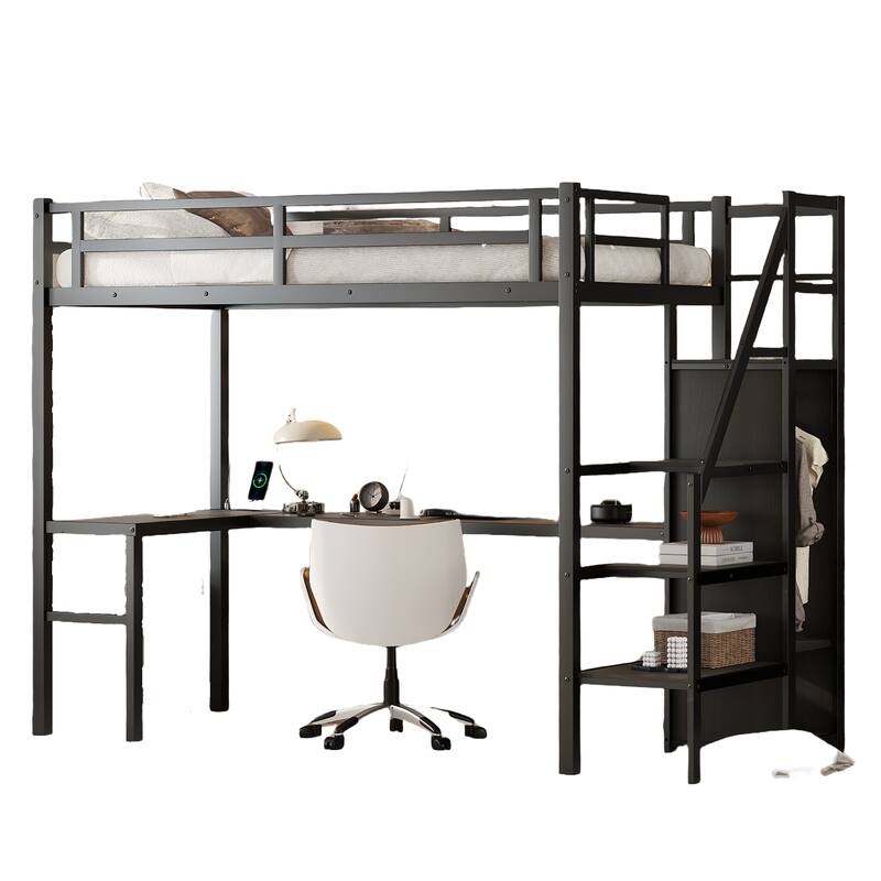 Twin XL Metal Loft Bed w/ L-shaped Desk,USB,Wardrobe,Adjustable Shelf