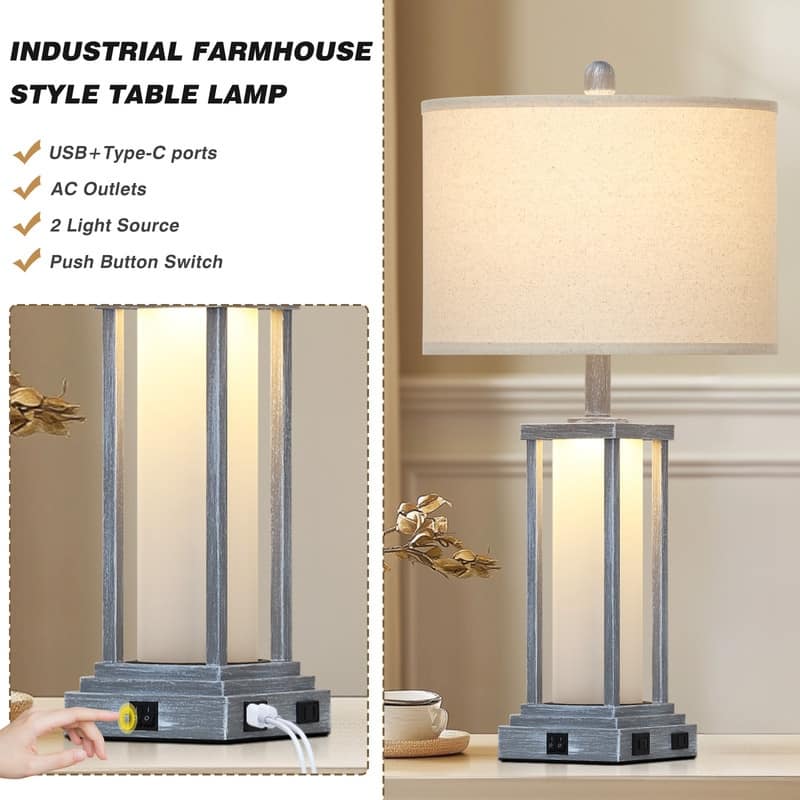 27" Grey Industrial Table Lamps with USB-C Charging, Dual Lighting(Set of 2) - 12.5'' x 12.5'' x 27''