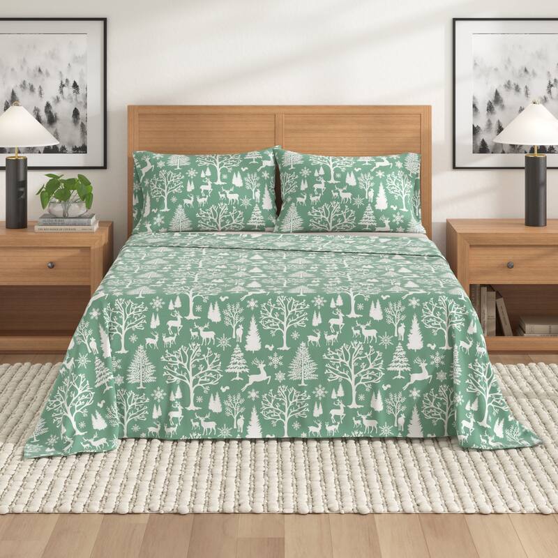 Linery & Co. Winter Turkish Cotton Double-Brushed Flannel Bed Sheet Set - California King - Enchanted Woods - Sage Green