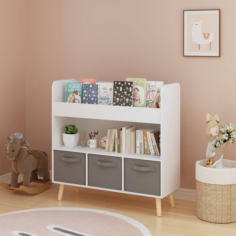 Anmytek Toddler Bookshelf with 3 Fabric Bins Storage Bookcase for Nursery Playroom Bedroom