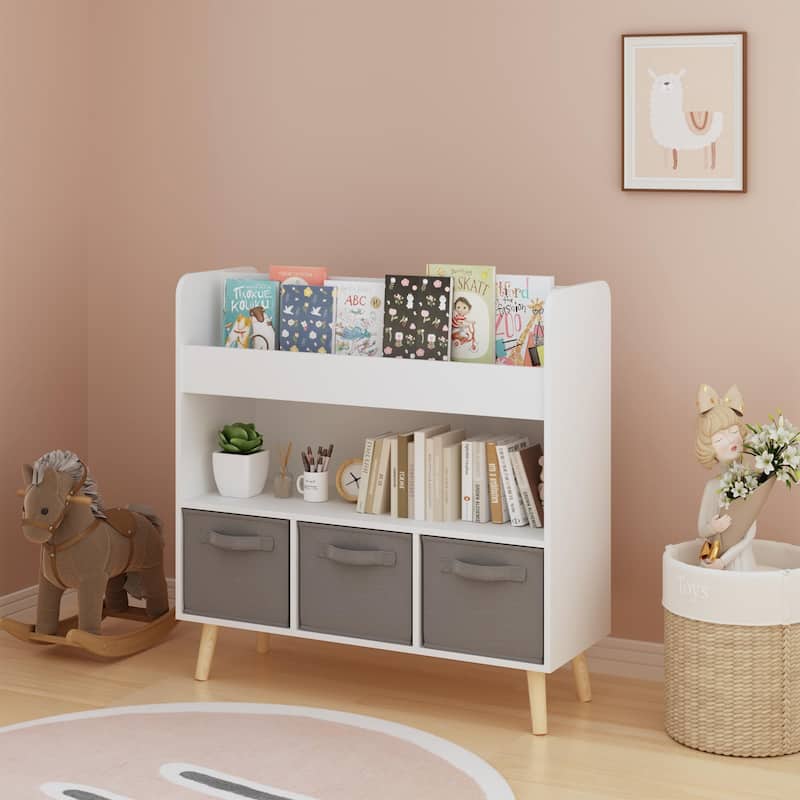 Kids Bookshelf with 3 Fabric Bins