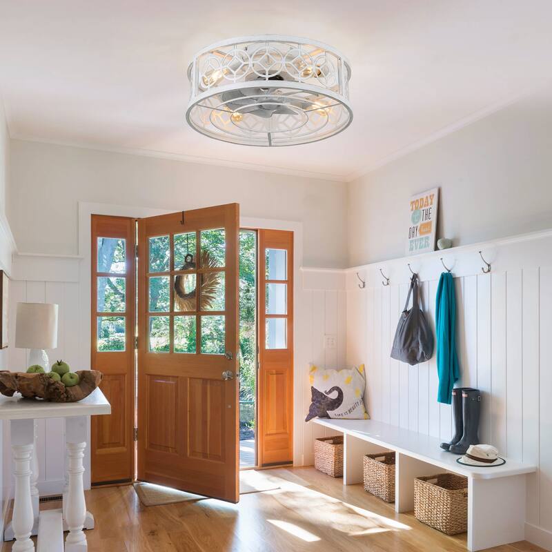 20" Vintage Cream White Caged Light Ceiling Fan, Flush Mount Drum Shaped Classic Ceiling Fan for Bedroom