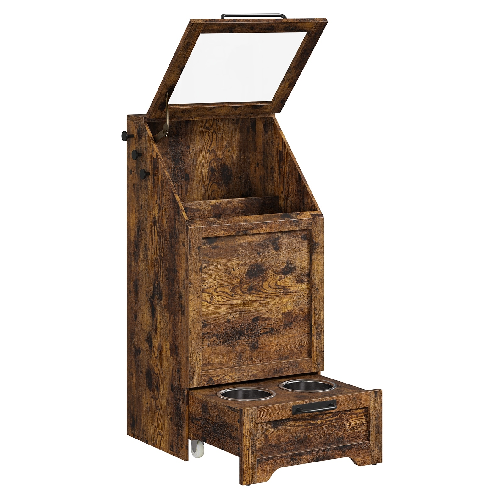 Wooden Dog Food Storage Cabinet with 2 Elevated Dog Bowls, 3 Hooks