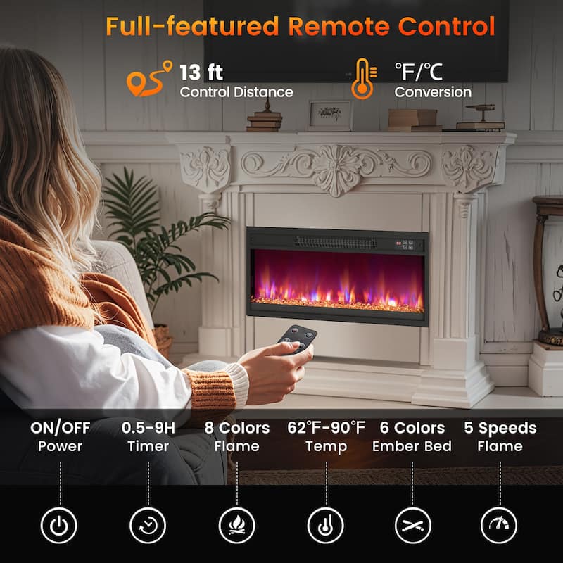 Gymax 26'' Electric Fireplace Insert Recessed 1500W Fireplace Heater