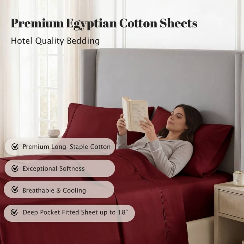Superior Egyptian Cotton 530 TC Sheet Set Sateen Weave, Deep Pocket, Ultra‑Soft & Breathable Bedding