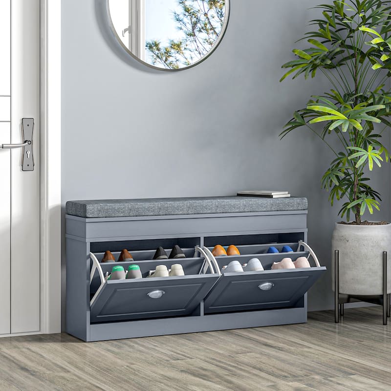 Modern Shoe Rack Bench with Two Large Drawers and Comfortable Padded Seat for Hallway Storage - 41" L x 9.5" W x 21.75" H