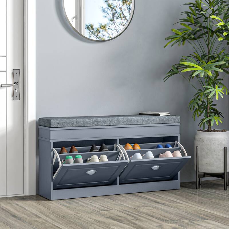 Storage Organizer Shoe Bench Cabinet with Cushion, 2 Drawers and Adjustable Shelf for Entryway, Mudroom, Hallway and Porch