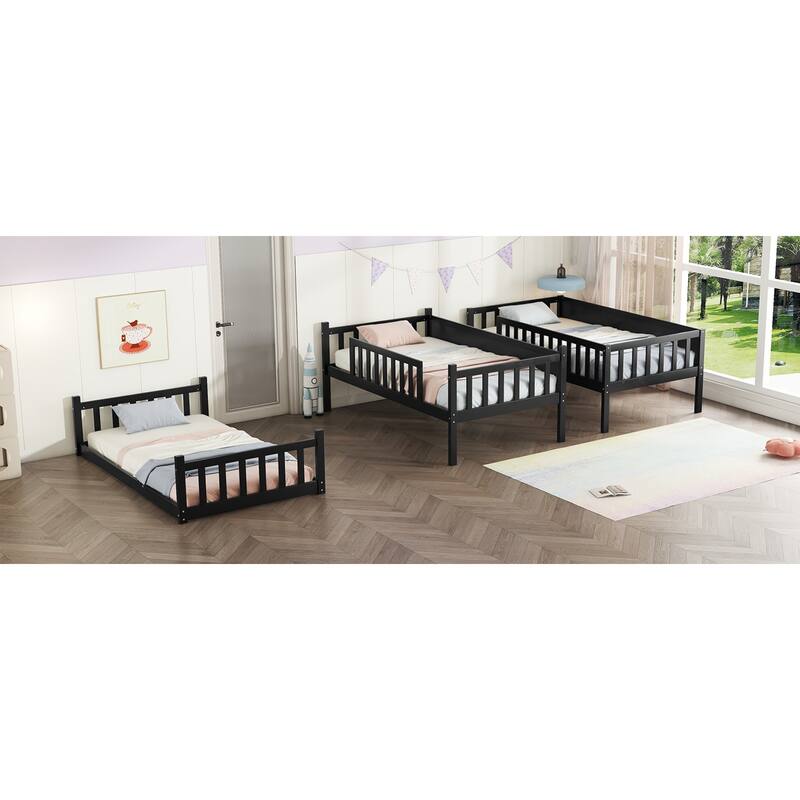 Roomfitters Twin Triple Bunk Bed, Rubber Wood Detachable Design with Ladders and Guardrails, Twin over Twin over Twin