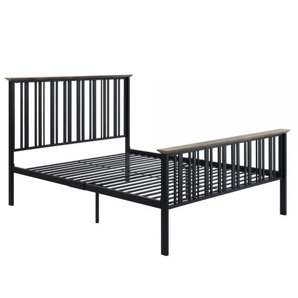 Nori Full Bed with Slatted Metal Frame, MDF Wood, Oak Brown and Black