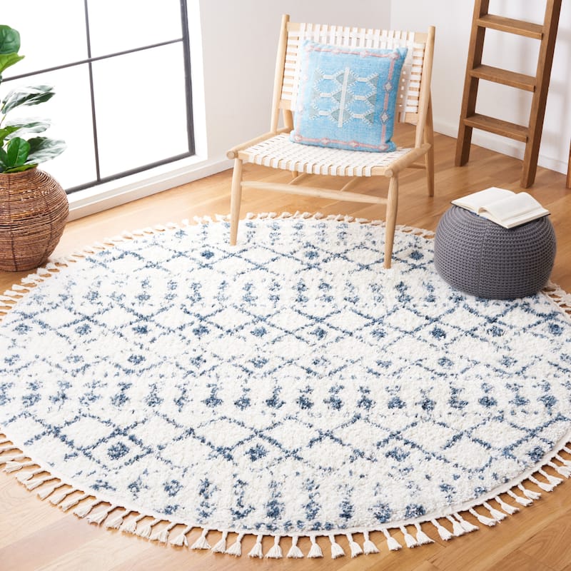 SAFAVIEH Berber Fringe Mirveta Liller Trellis Area Rug - 6'7" Round - Cream/Blue