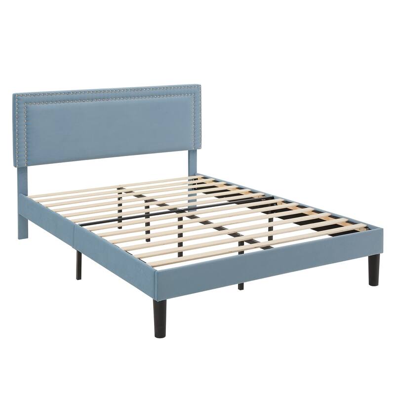 Upholstered Platform Bed Frame with Adjustable Headboard, Velvet Nailhead Trim, No Box Spring Needed