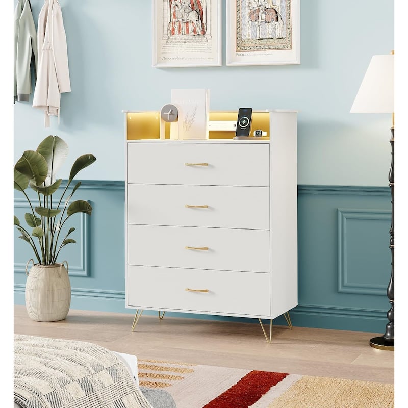 4-Drawer Dresser for Bedroom with Charging Station & RGB Lights - White