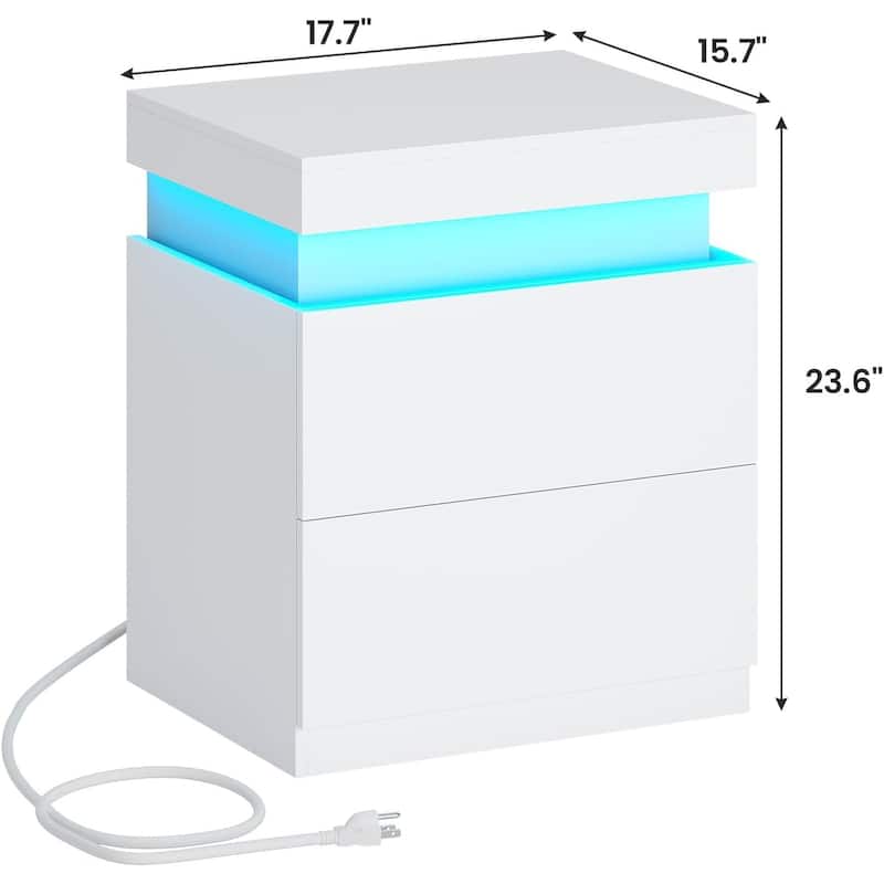 Bedroom Nightstand Charging Station LED Lights Sliding Top Drawers