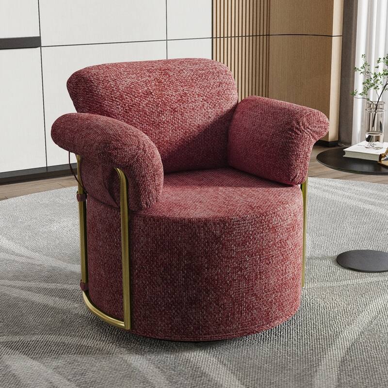 360 Degree Barrel Swivel Fluffy Fabric Lounge Wide Upholstered Reading Chair with Gold Metal Legs