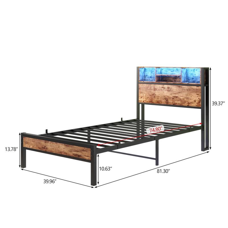 Twin Size Metal Bed Frame with Storage Headboard, Charging Station, and RGB LED Lights