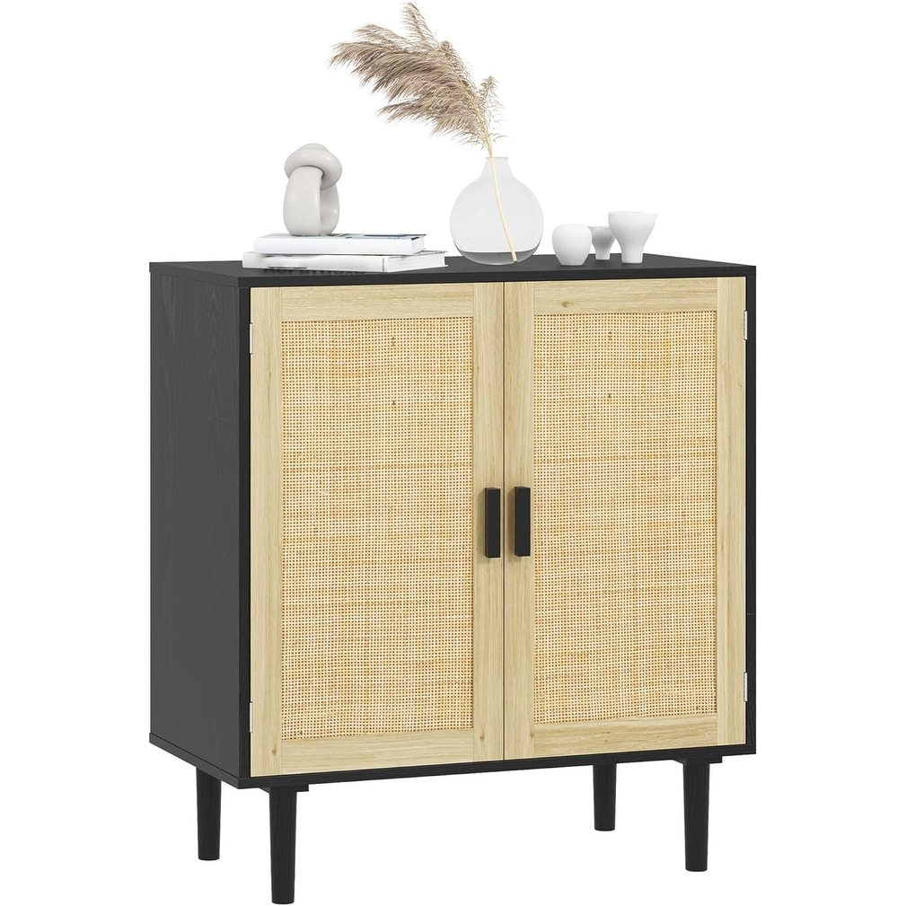 Boho Rattan Buffet Cabinet with 2 Doors and Shelves, 32" Coffee Bar for Kitchen or Living Room, Black