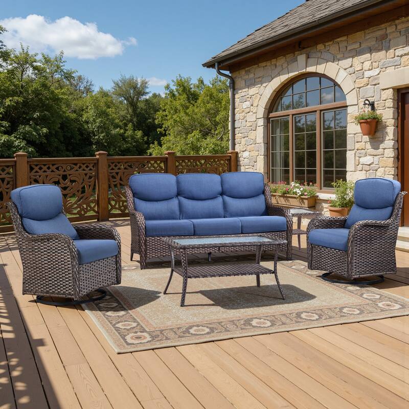 Meyreso 5-Piece Wicker Outdoor Patio Conversation Set with 5-Inch Thick Olefin Cushions - Navy Blue Cushions - Brown Wicker