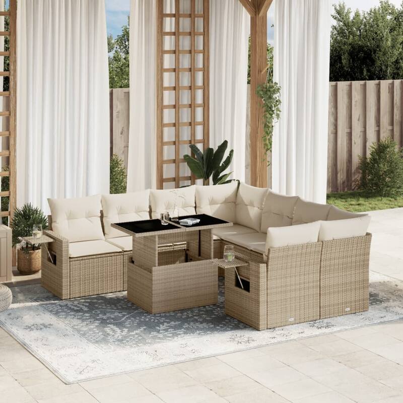 vidaXL Patio Sofa Set with Cushions Outdoor Furniture 9 Piece Poly Rattan - 24.4 x 24.4 x 27.2 - Beige and Cream-without storage