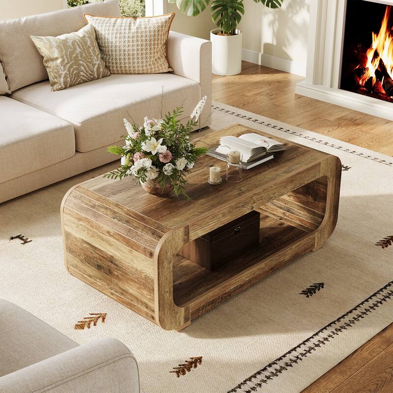 47" Rustic Curved Wood Coffee Table with Open Shelf, 2-Tier Rectangular Center Table for Living Room