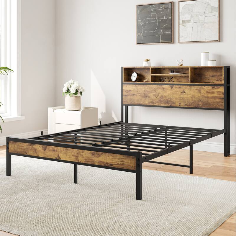 Black Metal and Wood Bookcase Platform Bed with Charging Station