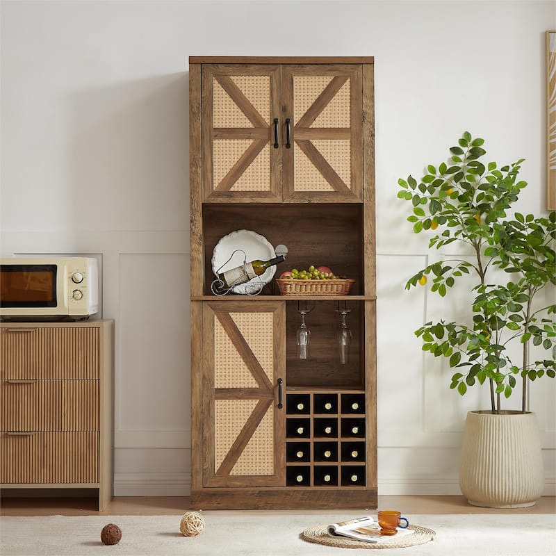 Tall Wine Bar Cabinet Faux Rattan Storage Cabinet w/ Microwave Shelves, Barn Door Sideboard Buffet Wine Bottle Storage Rack, Oak