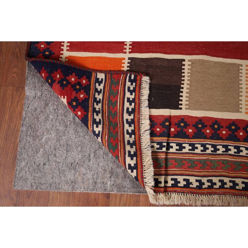 Vegetable Dye Kilim Qashqai Persian Vintage Flatweave Red Wool Carpet - 4'11"x 8'7"
