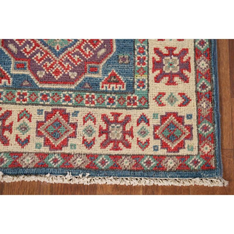 Blue Geometric Kazak Foyer Rug Handmade Wool Carpet - 2'0" x 3'0"